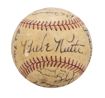 1938 Hall of Fame Yankees Multi Signed OAL Harridge Baseball With 20 Signatures Including Babe Ruth (PSA/DNA & Letter of Provenance)